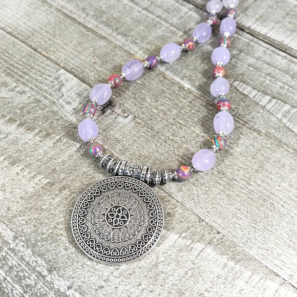 Silver Tribal Coin Medallion Choker with Lavender Quartz Nuggets - Picture 1 of 6